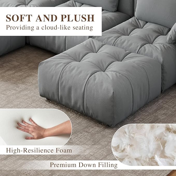 Cloud Sectional Couches, Comfort Linen U-Shape Modular Sofas with Wide Deep Seat, Down Filled Modern Upholstered Sofa Couch for Living Room, Apartment,Grey