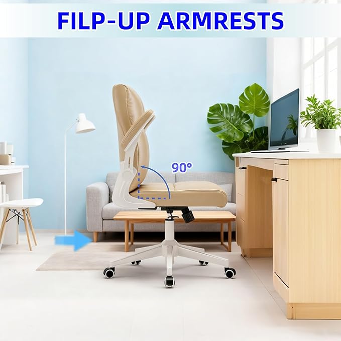 Ergonomic Home Office Desk Chair with Space Saving Flip-Up Arms, 360° Swivel & Reclining Back, High-Back Executive Chair in Soft Faux Leather Chair Multi-Angle from 90° to 135°
