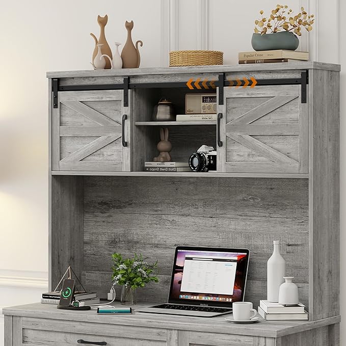 Farmhouse 47" Executive Computer Desk with 2 Drawers and Storage Cabinet, Home Office Desk with Hutch and Charging Station, Workspace for Work and Study (Grey).