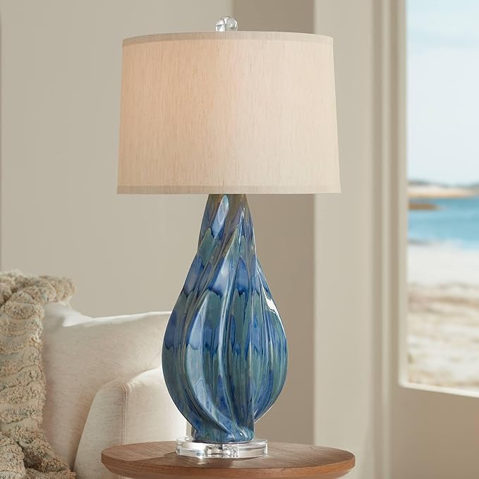 Possini Euro Design Teresa Modern Table Lamp with USB Charging Port 31" Tall Teal Blue Ceramic Beige Fabric Drum Shade Living Room Bedroom House Bedside Home Office Entryway (Color May Vary)