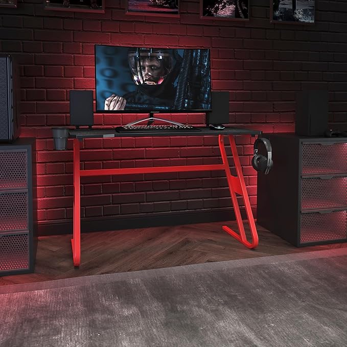 Flash Furniture Fisher Red Gaming Ergonomic Desk with Cup Holder and Headphone Hook