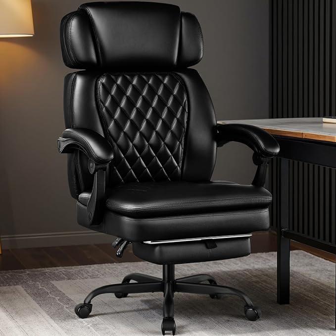 400lbs Executive Office Chair with Foot Rest for Heavy People, Ergonomic Big and Tall Desk Chair with Adjustable Headrest, High Back PU Leather Comfy Heavy Duty Computer Chair