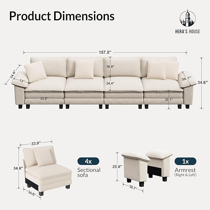 HERA'S HOUSE 158" Modular Sectional Sofa, Oversized Couches for Living Room, Comfy Cloud Couch 4-Seater Deep Seat Sofa with Throw Pillow, Chenille Beige