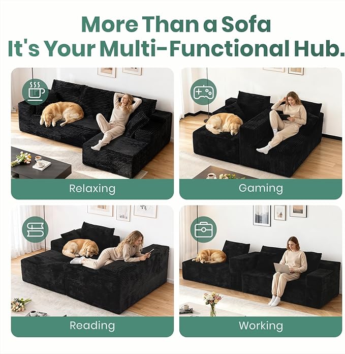 107" Boneless Couches for Living Room, Modular Cloud Sectional Couches L Shaped Sofa with Oversized Chaise Comfy Corduroy Home Sofa (Black, Left Facing Chaise)