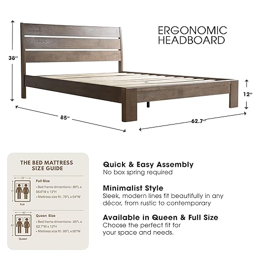 Queen Size Bed Frame with Headboard & Footboard, Solid Wood Platform Bed, Metal Legs, 12 Durable Slatted Structure, No Box Spring Needed, Anti-Slip & Noise-Free, Easy Assembly, Barnwood Finish, QIQ-30