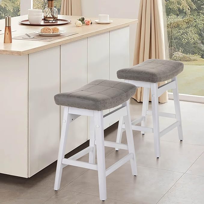 ALPHA HOME Bar Stools Set of 4, Solid Wood Saddle Kitchen Stools with Grey PU Leather Cushion Counter Height Barstools with Wooden Base for Kitchen Dining Cafe, 24 Inch, Grey, 4PCS