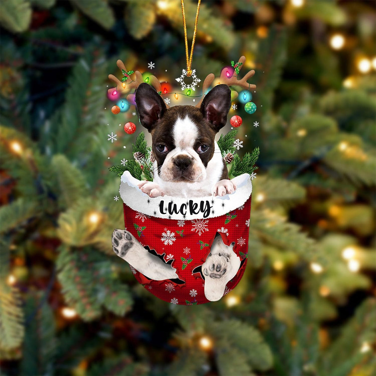 Brindle Boston Terrier Dog Snow Pocket Christmas Tree Ornament, Gift for Dog Lovers
