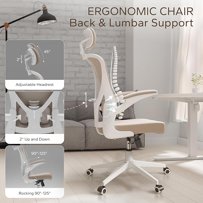 Ergonomic Office Chair with Adjustable Flip-Up Armrests & Lumbar Support - Thickened Cushion Desk Chair with Wheels, Comfy Home Office Computer Chair
