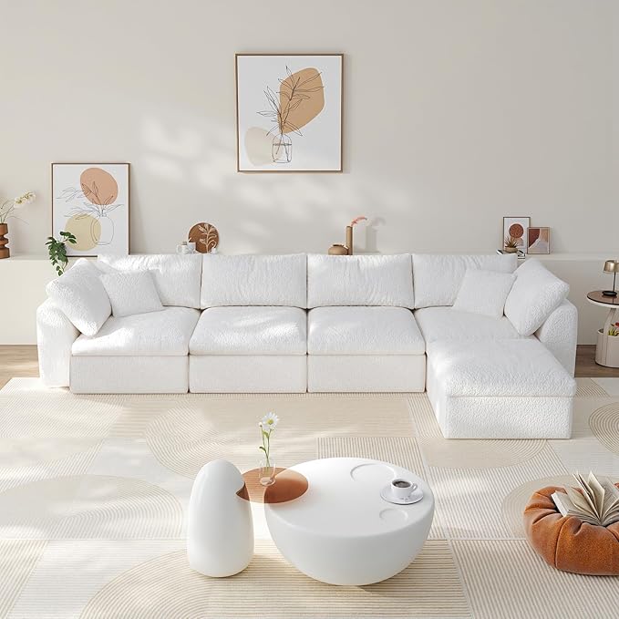 138" Boneless Cloud Couch Modular Sectional Sofa with Deep Seat for Living Room, L Shape Couch with Ottoman, Snowflake Cloth and 40D Memory Sponge，2 Throw Pillows (White, 4 Seater+1 Ottoman)