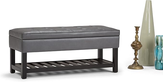 SIMPLIHOME Cosmopolitan Storage Ottoman Bench - 44 inch Wide Upholstered Vegan Leather Rectangle Storage Ottoman in Stone Grey, Transitional Bench for Bedroom with Tufted Lift-Top and Open Shelf