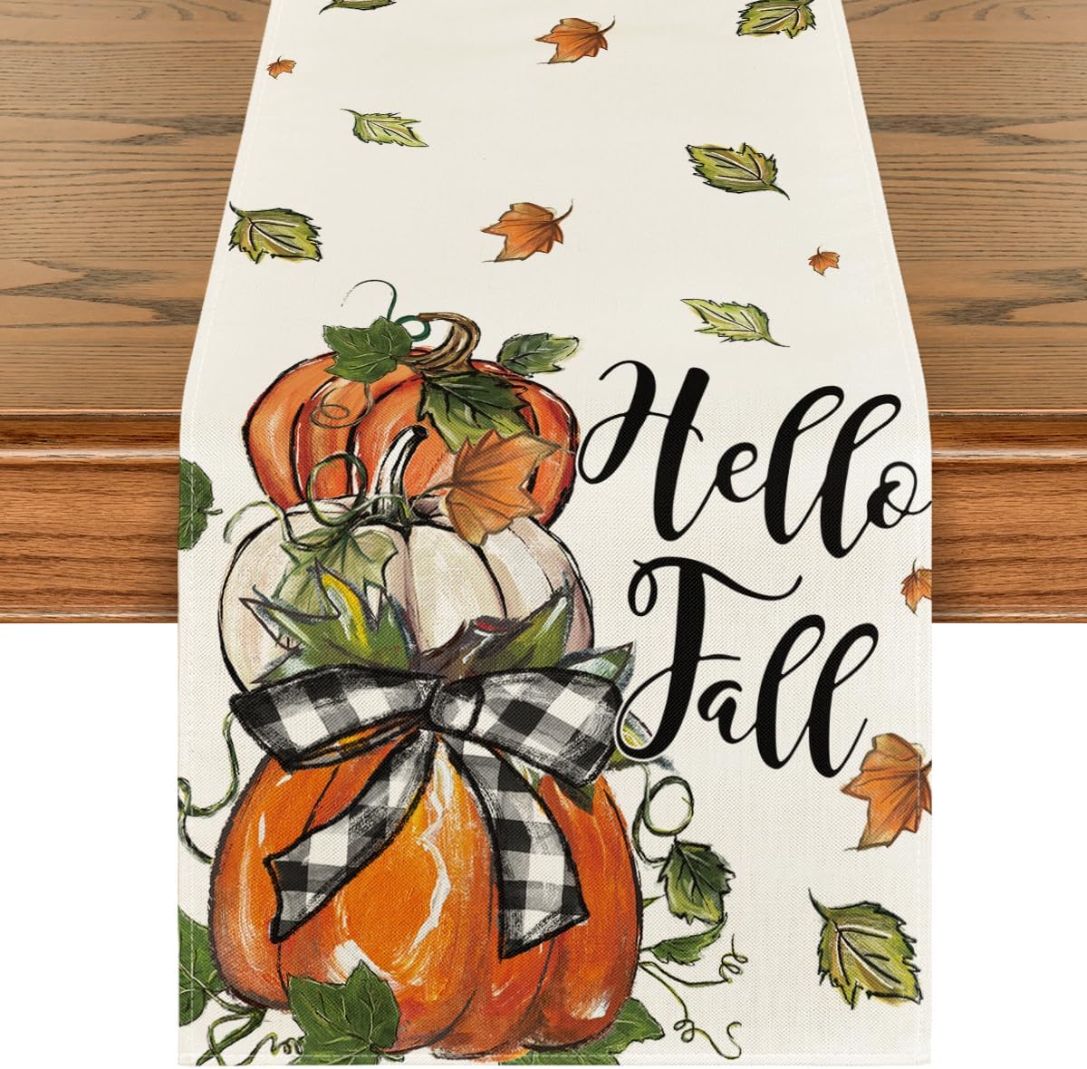 Artoid Mode Pumpkins Bowknot Maple Leaf 210 GSM Fall Table Runner, Seasonal Autumn Kitchen Dining Table Decoration for Home Party Decor 13x48 Inch