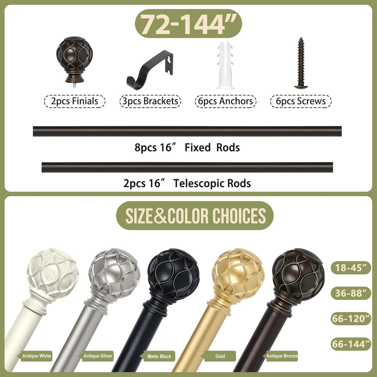 Bronze Farmhouse Curtain Rods for Windows:72-144" Heavy Duty Adjustable Long Curtain Rod for Bedroom Living Room,Boho Decorative Rustic Drapery Rods with Vintage Coastal Finials,Antique Bronze