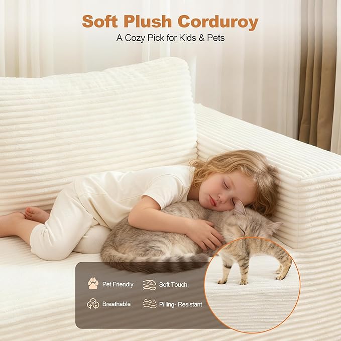 Modular Sectional Cloud Couch for Living Room,Modern Boneless Couche Set with Plush Corduroy,Comfy Floor Sofa with Memory Foam,Stupendous U Shaped Sofa with Ottoman,No Assembly Required,Beige