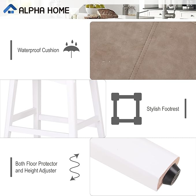 ALPHA HOME Bar Stools Set of 2, Solid Wood Saddle Kitchen Stools with Beige PU Leather Cushion Counter Height Barstools with Wooden Base for Kitchen Dining Cafe, 24 Inch, Beige, 2PCS