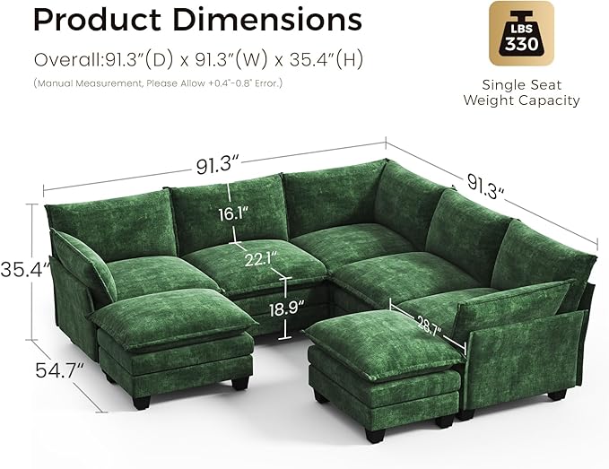 KKL 120" Modular Sectional Sofa, Large V Shape 7 Seater Convertible J/L/U-Shaped Modern Sectional Couch with Ottoman, Chenille Sectional Couches for Living Room, Apartment, Green