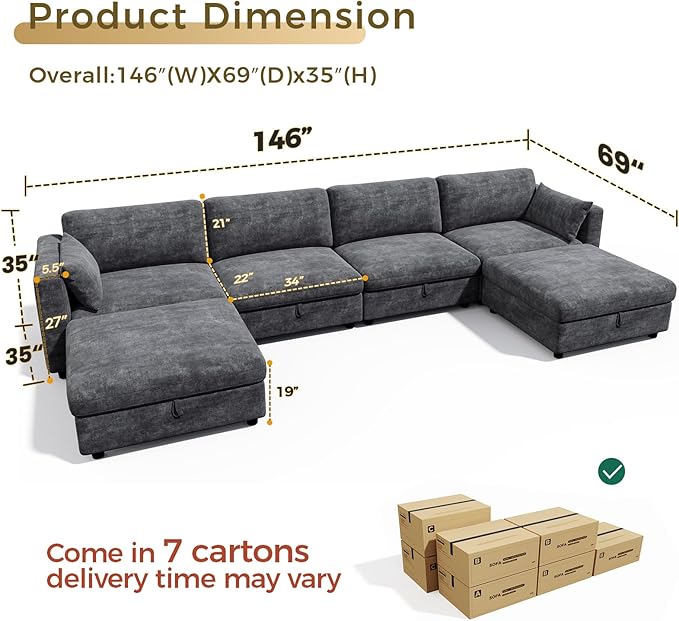 KKL Modular Sectional Couches for Living Room, U Shaped Sofa Couch with Adjustable Backrest, Chenille 6 Seater Sofa Couch with Convertible Ottoman and Comfy Cushion, Grey