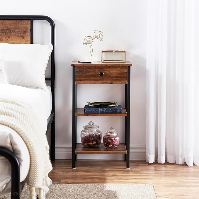 VECELO Tall End Table Set of 2,Nightstand with Drawer and Adjustable Storage Shelf,27.6 inch Side Table for Living Room/Bedroom/Entryway Small Spaces