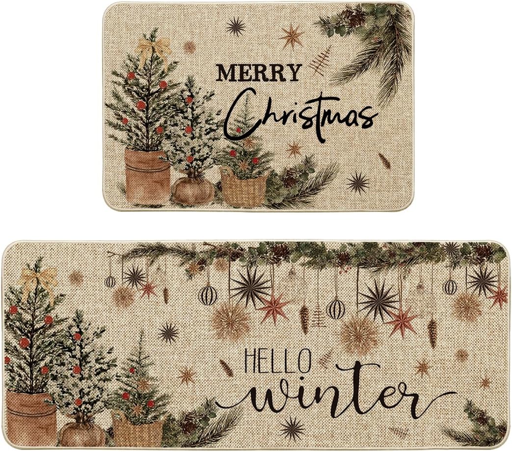 Artoid Mode Holly Ornament Merry Christmas Kitchen Mats Set of 2, Winter Home Decor Low-Profile Kitchen Rugs for Floor - 24x35 and 24x59 Inch