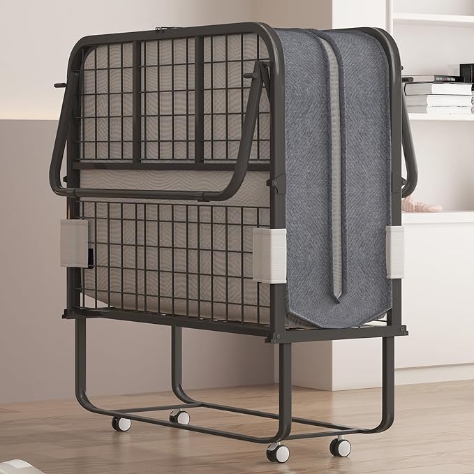 Mjkone Folding Bed with Mattress for Adults, 75" x 31" Rollaway Bed with Mattress, Space Saving Roll Away Frame Lockable Wheel, Sturdy Fold Up Beds and Memory Foam for Bedroom/Guest
