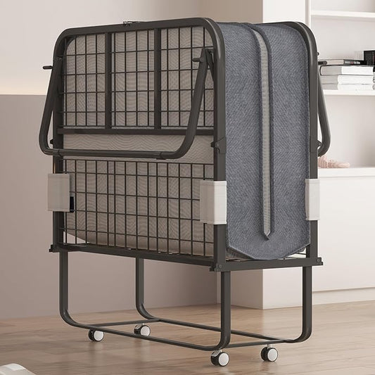 Mjkone Folding Bed with Mattress for Adults, 75" x 31" Rollaway Bed with Mattress, Space Saving Roll Away Frame Lockable Wheel, Sturdy Fold Up Beds and Memory Foam for Bedroom/Guest