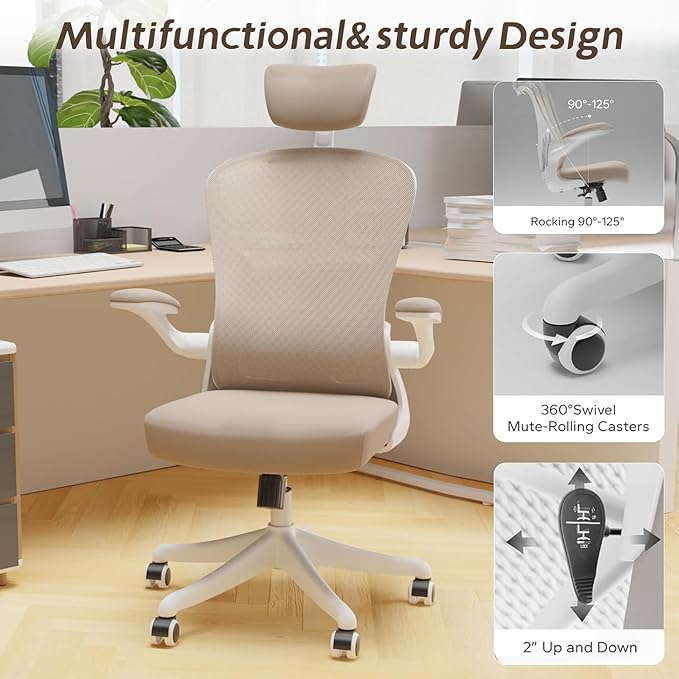 Ergonomic Office Chair with Adjustable Lumbar Support & Flip-Up Armrests - High Back Computer Desk Chair with Thickened Seat Cushion, Rolling Wheels for Home/Office Study Work