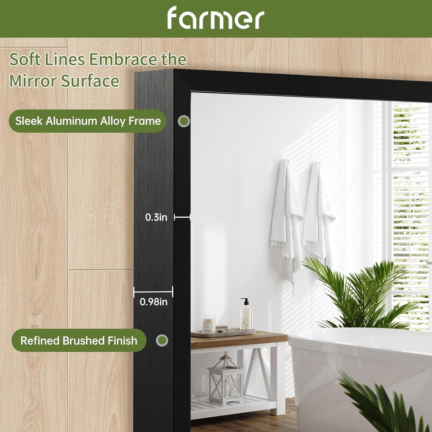 FARMER 24x36 Inch Black Bathroom Mirror, Rectangle Wall Mounted Mirror, Vanity Mirror, Brushed Square Mirror, Framed Bathroom Mirror for Bedrooms, Entryways, Living Rooms, Horizontal/Vertical