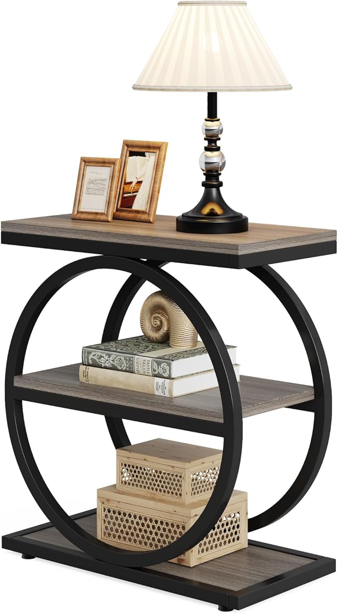 LITTLE TREE 3-Tier End Table Set 2, Grey Side End Table with Storage Shelves, Small Sofa Side Table for Living Room, Slim Nightstand and Bedside Table with Black Double Round Metal Legs