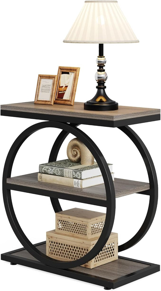 LITTLE TREE 3-Tier End Table, Grey Side End Table with Storage Shelves, Small Sofa Side Table for Living Room, Slim Nightstand and Bedside Table with Black Double Round Metal Legs