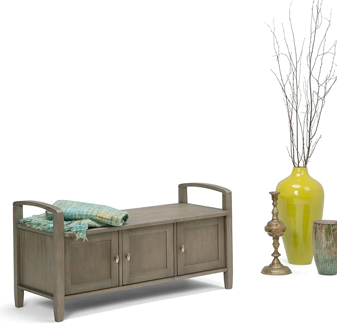 SIMPLIHOME Warm Shaker Entryway Storage Bench - 44 inch Wide Solid Wood Storage Seat in Distressed Grey, Transitional Bench Seat for Mudroom or Living Room with Lift-Up Lid and Shaker-Style Panels
