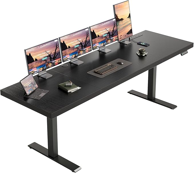 OffiGo Electric Standing Desk with 3-Piece Board, 79 Inch Height Adjustable Large Desk with Power Outlets, Sit Stand Table, Writing Computer Desk for Home, Office, Workstation, Black