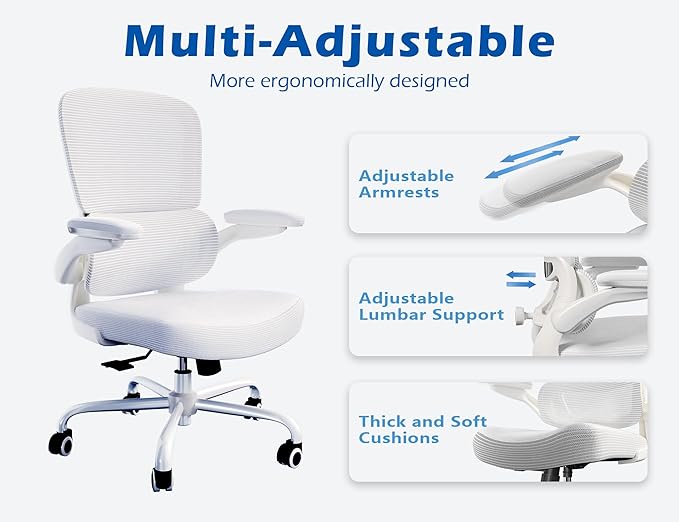 TRALT Ergonomic Office Chair - Desk Chair with Adjustable Lumbar Support Computer Chair - Mesh Comfy Chair with Flip-up Armrests - Gaming Chairs for Adults Home Office (Leather, White)