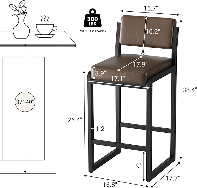 Bar Stools Set of 3, Faux Leather Counter Height Bar Stools with High Back and Metal Legs, Upholstered Bar Chairs, 26" Modern Barstools for Kitchen Island, Dark Brown