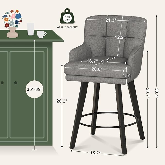 360°Swivel Counter Height Bar Stools with Back, 26 inch Solid Wood Legs, Bar Stool Modern Kitchen Island Chairs, Fabric (Mid-Grey- Fabric, 26" H- Set of 2)