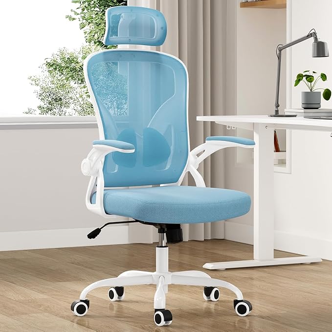 Farini Ergonomic Office Chair, Home Office Desk Chair with Headrest, High Back Computer Chair with Armrests and Adjustable Lumbar Support for Home Office Study Room, White & Blue