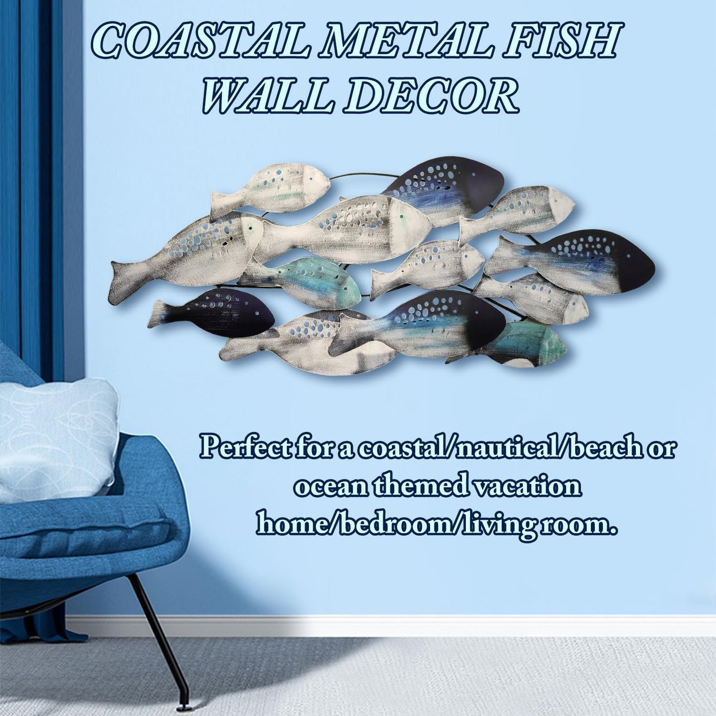 FMXYMC Coastal Ocean Metal 3D Fish Wall Sculpture, 50" x 20", Hand Painted Hanging Decoration for Living Room/Bedroom/Dining Room