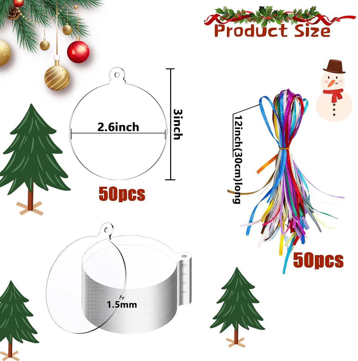 50 Pieces Christmas Hanging Ornaments Set 3''Christmas Ornament Acrylic Blank with 50Pcs 25 Color Ribbons for Christmas Tree DIY Decor (Classic Style, 50.00)