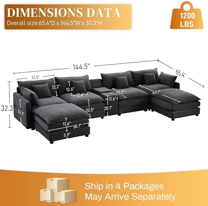 HYJT-H&K 145" U Shaped Cloud Couch Modular Black Sectional Couches for Living Room, Comfy Fluffy Chenille Oversized Cloud Sectional Couch Large 6 Seat Sectionals Sofa Set Central Console USB Port