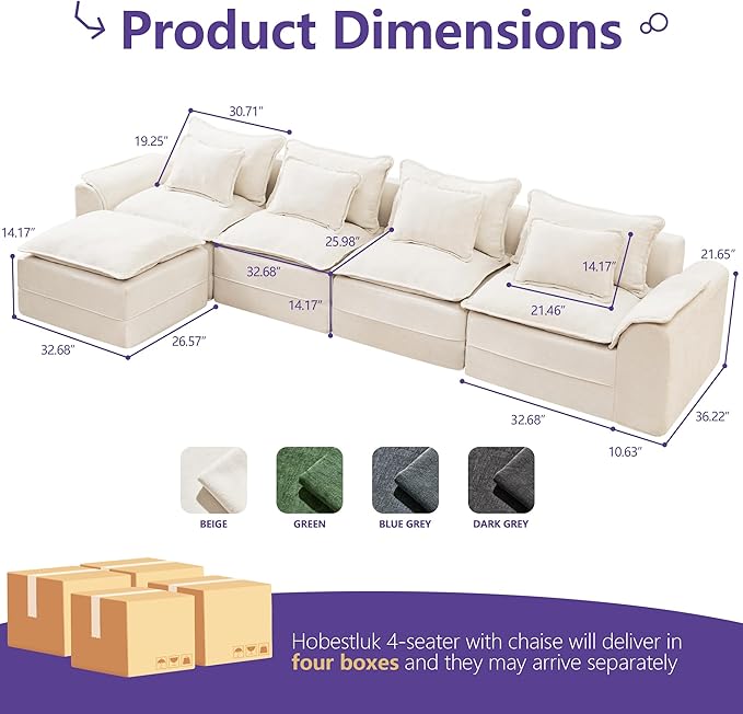 Hobestluk Cloud Modular Sectional Couch 4-Seater Sofa with Ottoman L Shaped Couch Deep Seat Sofa with Removable Cover Large Sofa for Living Room (Beige, 4-Seater Sofa with One Ottoman)