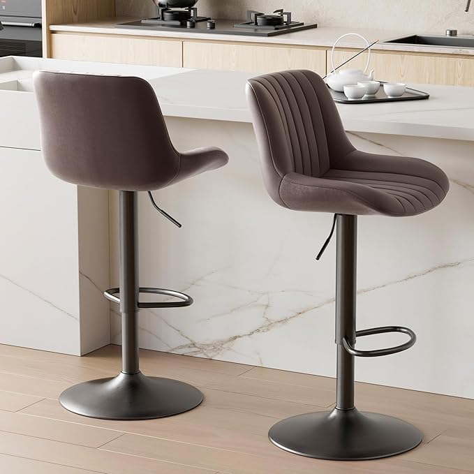 Nalupatio Bar Stools Set of 2, Adjustable Modern Swivel Bar Stools with Backs, Counter Height Performance Fabric Island Chairs for Home Kitchen, Dark Brown