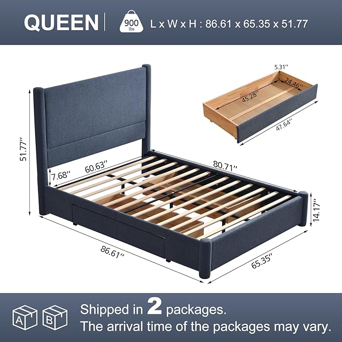 VELOCAVA Queen Size Upholstered Bed Frame with 51.77" Tall Headboard and Soft Rounded Corners, Side Storage Drawers, 12-Slat Support, No Box Spring Needed, Linen-Blend Fabric, Dusty Blue
