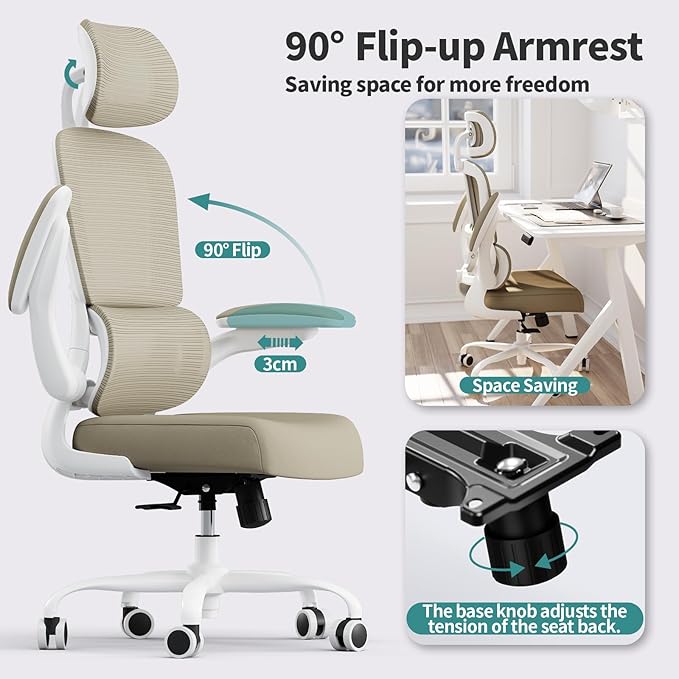 TRALT Office Chair Ergonomic Desk Chair, 330 LBS Home Mesh Office Desk Chairs with Wheels, Comfortable Gaming Chair, High Back Office Chair for Long Hours (Khaki)