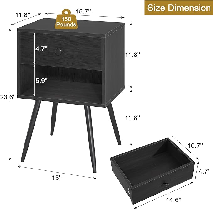 VECELO Nightstands Set of 2, Mid Century Modern End Bedside Table, Night Stand with Storage Drawer and 2 Tiers Open Shelf for Small Place, Bedroom, Living Room, Easy Assembly, Black