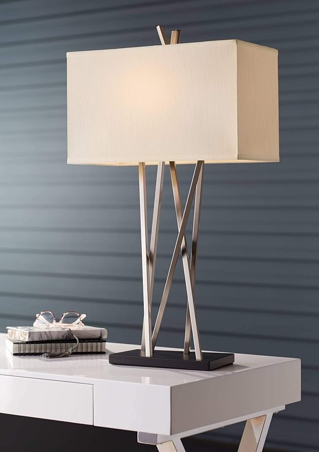 Possini Euro Design Modern Table Lamp 30" Tall Brushed Nickel Silver Open Asymmetry Metal White Linen Rectangular Box Shade for Bedroom Living Room House Home Bedside Nightstand Office Kids Family