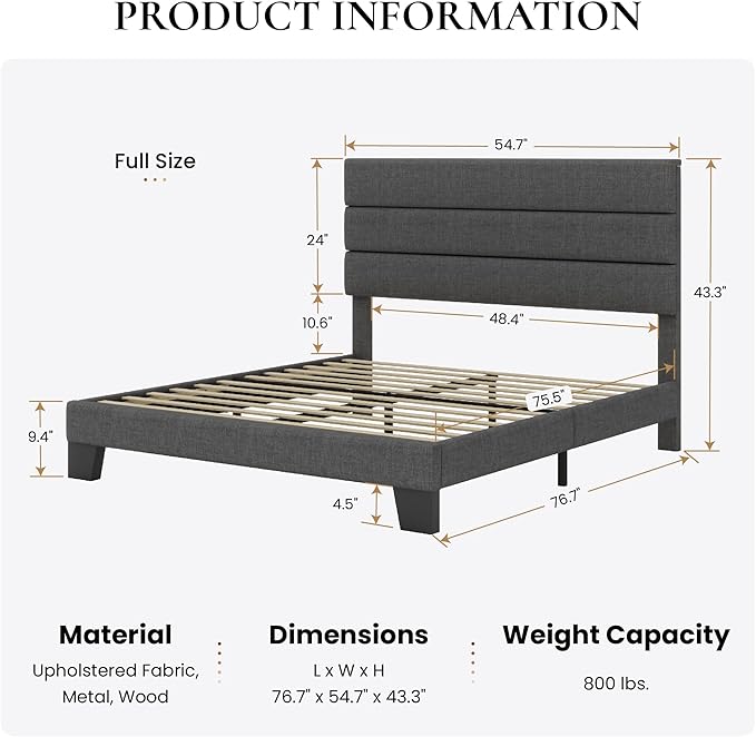 SHA CERLIN Full Platform Bed Frame with Upholstered Fabric Headboard, Mattress Foundation with Strong Wooden Slats Support, No Box Spring Needed, Grey