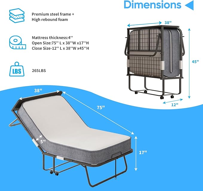 Mjkone Folding Bed with Mattress, Rollaway Bed for Adults with Headborad & Dustproof Bag, 5 Inch Portable Fold Up Bed for Guests with Casters, Foldable Frame, Space Saving for Bedroom（75" x 38"）