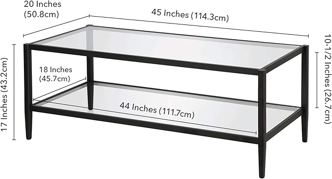 Henn&Hart 45" Wide Rectangular Coffee Table with Glass Shelf in Blackened Bronze, Modern coffee tables for living room, studio apartment essentials