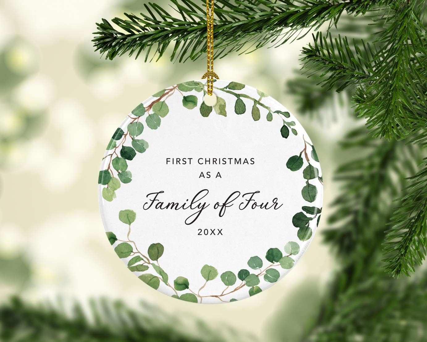 Andaz Press Custom Year Round Ceramic Porcelain Christmas Tree Ornament Keepsake Collectible Gift, First Christmas as a Family of Four 2025, Farmhouse Eucalyptus Wreath, 1-PackNew