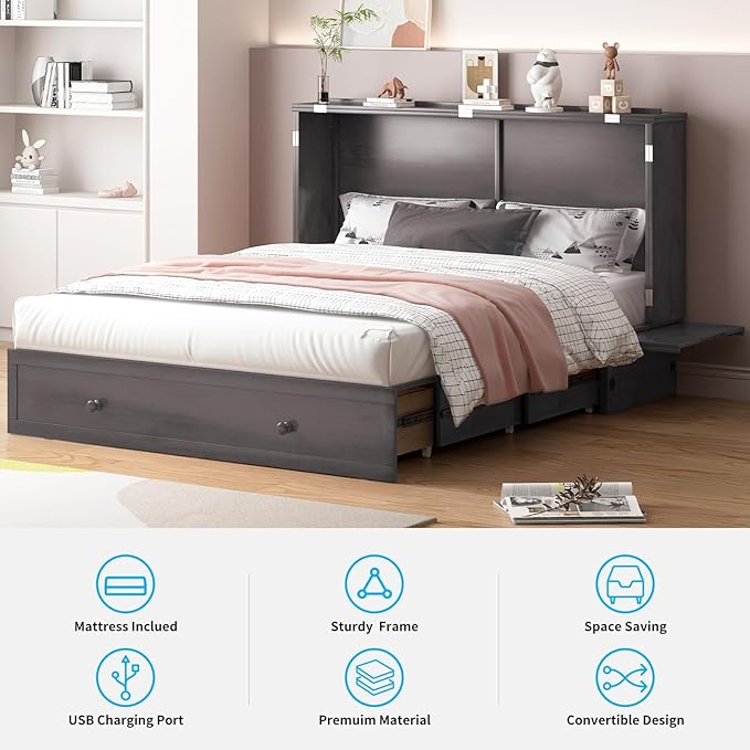 Mjkone Queen Murphy Bed Cabinet, Cabinet Bed with Built-in Charging Station, Storage Drawer, Solid Wood Cabinets Bed with Tri-fold Mattress, Cube Murphy Chest Beds for Guest Room, Home, Office, Grey