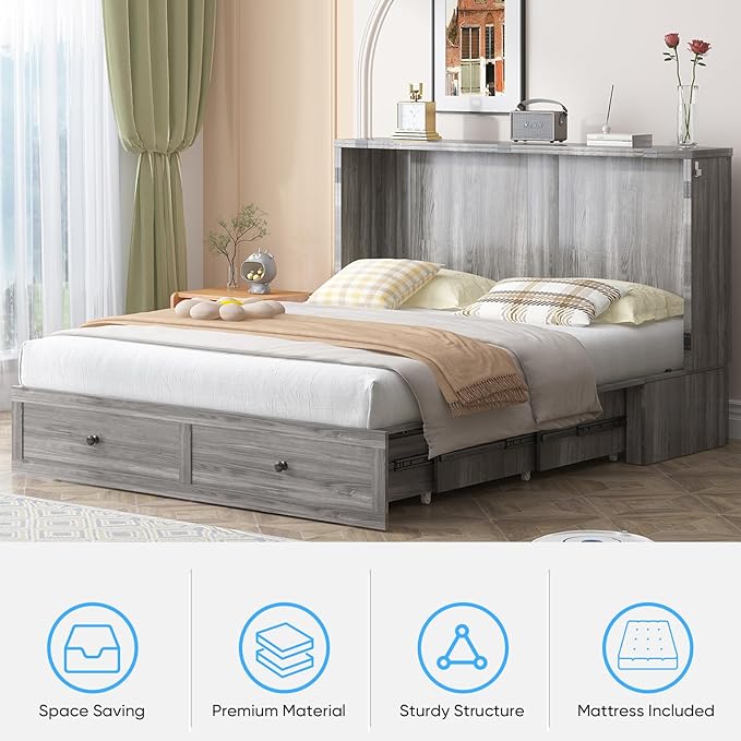 Mjkone Murphy Bed, Cabinet Murphy Bed with Tri-Fold Memory Foam Mattress, Farmhouse Wooden Cabinet Beds with USB Charging Station and 2 Storage Drawers for Bedroom/Office/Guest Room-Gray, Full