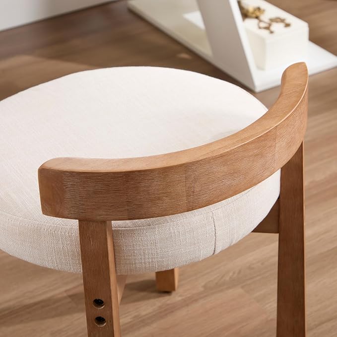 Modern Vanity Chair Upholstered Small Ottoman Footstool, Make Up Stool Linen Fabric with Backrest Wooden Frame for Living Room Bedrooms, 2PCS, Beige